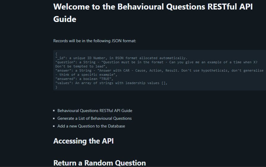 Screenshot of the Documentation page for the RESTful API