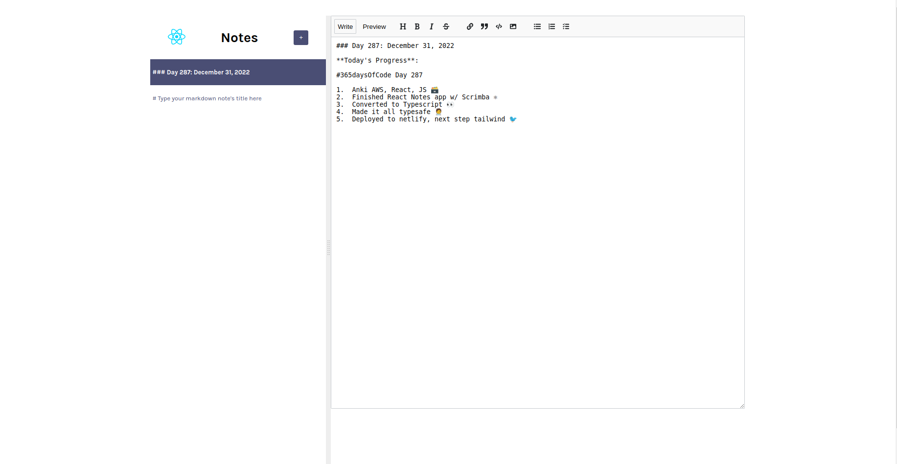 Screenshot of the react notes app